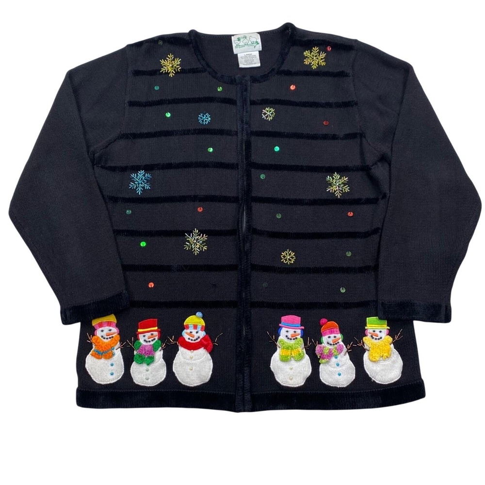 Quacker Factory Snowman Zip Cardigan Women Large Black Holiday Beaded Sweater